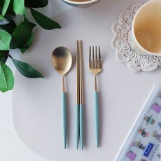 Bogen 高級餐具3件組, 金色 墨綠色(湯匙+筷子+叉子)+餐具袋(隨機出貨), 湯匙+筷子+叉子+餐具袋