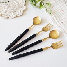 Bogen 可愛茶匙 2入+茶叉 2入組 金色+黑色, 1組, 2p 茶匙 + 2p 茶叉