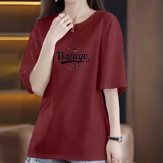 엘쏘 여성용 빈티지 레터링 루즈핏 캐주얼 라운드넥 반팔 티셔츠