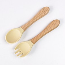 In Glow兒童用安全樹木手柄矽膠湯匙+叉子組, 淺褐色, 1組, 單品