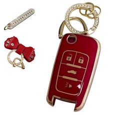 RURU兄弟 雪佛蘭相容 優質TPU鑰匙殼+電話號碼鑰匙圈+皮革緞帶套組, 深紅色, AC-05