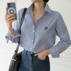 BBAEBBAE 女款翻領Love刺繡條紋拼色襯衫