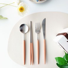 보겐 에펠 커트러리 양식 1인 세트, 실버 + 카라멜, 디너스푼 + 젓가락 + 디너포크 + 디너나이프, 1세트