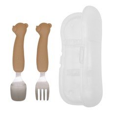 TGM 幼兒便攜式小熊矽膠迷你不鏽鋼湯匙+叉子+收納盒套組, 巧克力色, 1套