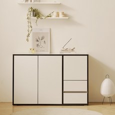 헤이몰리 더엣지 E0등급자재 완제품 도어서랍 터치도어 높은 거실 수납장 1200 우형 방문설치, 블랙 + 화이트