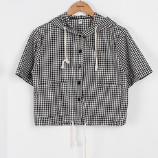 빼빼 여성용 끈조절 깅엄체크 후드 크롭 남방