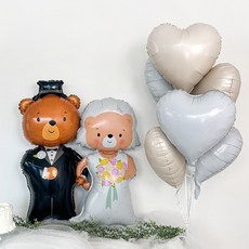 PartyIsland 小熊新郎新娘愛心鋁箔氣球組, 1套, 奶油色(愛心氣球) + 白色(愛心氣球)