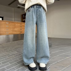 Starbean 兒童笑臉刺繡刷毛直筒牛仔褲