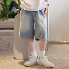 男款線條鬆緊腰百慕達牛仔短褲 P3132