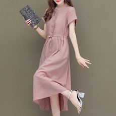 LUNAGIRL 女款Collin短袖腰間綁帶連身長裙, 粉色的