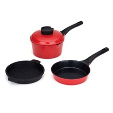 superpan 泡麵用不沾鍋具3件組, 紅色, 單柄泡麵鍋 18cm+平底鍋 18cm+矽膠蒸盤 18cm, 1組