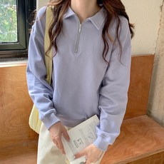 素色寬鬆半拉鍊領長袖T恤