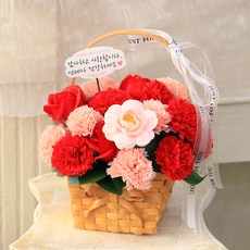 센트바스켓 조화 리본 앤 우드 카네이션 비누꽃 바구니, 레드, 1개