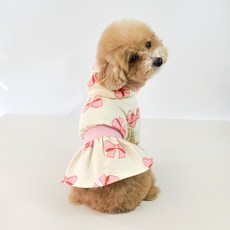 Grooming Dog 寵物粉紅絲帶蕾絲連帽連身裙, 1個, 奶油色