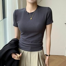 엘쏘 여성용 골지 슬림핏 반팔 티셔츠