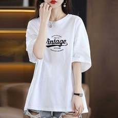 엘쏘 여성용 빈티지 레터링 루즈핏 캐주얼 라운드넥 반팔 티셔츠