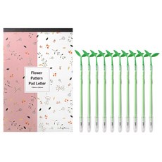 花朵圖案便條信紙 + 纖細新芽中性筆 10入組, 1套, 隨機出貨(信紙)