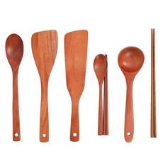 comet 木質料理廚具組, 橢圓拌炒匙+斜口煎鏟+煎餅鏟+湯匙筷子組+湯勺+料理長筷, 原木色, 1組