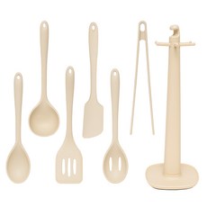 Le made 基本款矽膠廚具6件組 + 廚具收納架組, 1組, 象牙白, 湯杓+長柄湯杓+鍋鏟+抹刀+濾杓+夾子+支架