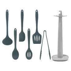 Relieve 矽膠廚具7件組, 1組, 漏杓+夾子+小湯杓+漏鏟+刮刀+深湯杓+收納架, 深綠色