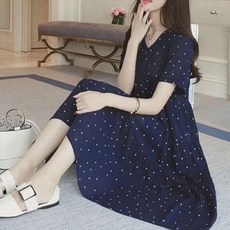 피어니스트 도트패턴 반팔 브이 미디원피스 빅사이즈 포함