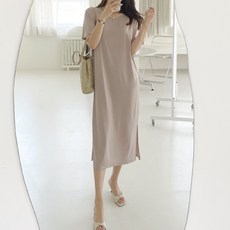saystyle 垂墜感短袖雙開衩H型長版洋裝, 米色