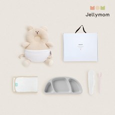 jellymom 新生兒禮盒 護頭防摔背帶枕+矽膠托盤+輔食湯匙+包巾組, 小熊燕麥片(保護套)、灰色(盤)、淡粉紅色(湯匙), 1組
