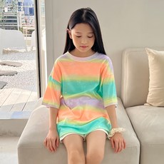 Jennie 女童兒童青少年款Oversize水洗渲染條紋短袖T恤