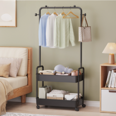 Decenyu 2層收納型鐵製移動式支架衣架, 黑色