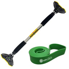 Bfit 家用門框引體向上桿 高級款 附拉力帶, 黃黑色(引體向上桿) + 綠色(彈力帶)