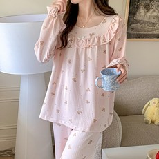 안나앤코 여성용 플로럴 프릴 패턴 긴팔 파자마 상하세트