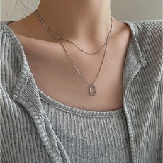 여성용 써지컬스틸 18k 도금 두줄 체인 사각 프레임 목걸이