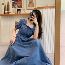 女款方領收腰泡泡袖長版連身裙, 淺藍