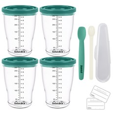 Bebelock 副食品刻度密封罐 4罐+矽膠餵食湯匙 第1階段+PP湯匙+標籤貼 24張, 薄荷綠, 1.12L, 1組