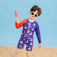 Starbean 男童半拉鍊圖案連身泳衣 + 帽子套組