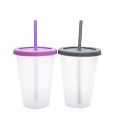 AGAFURA Pit a Pat防溢吸管杯 2入組, 400ml, 1組, 灰色+紫色