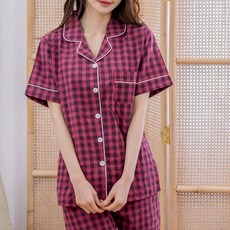 AONE FASHION 女款日常格紋短袖睡衣