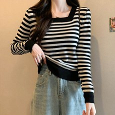 andstyle 女款羅紋方領條紋長袖針織衫 261452