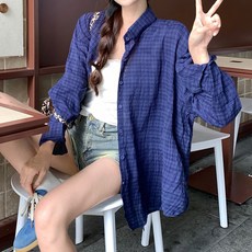 MEICHEL 女款 Bopin 寬鬆版藍色格紋長袖襯衫 11012