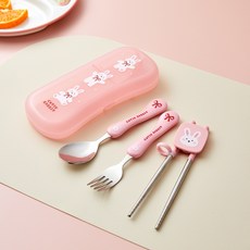 幼兒用多合一湯匙+叉子+矯正筷+餐具盒組, 1組, 餐具盒+湯匙+叉子+學習筷子, 緞帶兔子