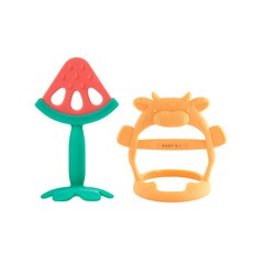 BABY&I 造型固齒器+手腕穿握型固齒器 附收納盒 3個月以上, 西瓜+橘色小牛, 1組