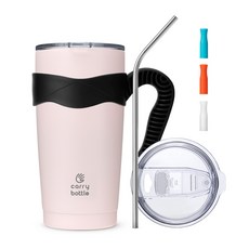 carry bottle Standard不鏽鋼保溫杯+專用防滑手把+不鏽鋼吸管+吸管套3入組, 粉色(保溫杯)+黑色(手柄)+吸管套(橘色、白色、藍色), 600ml