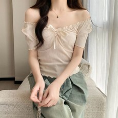 어썸풀 여성용 베논즈 숄더 리본 티셔츠 A24SMT031515