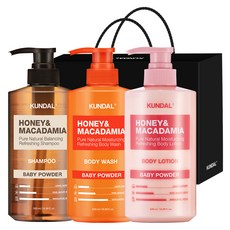 KUNDAL 昆黛爾 洗髮乳 500ml + 沐浴乳 500ml + 身體乳 500ml 3入禮盒組 C 嬰兒爽身粉香 + 黑色提袋, 1套