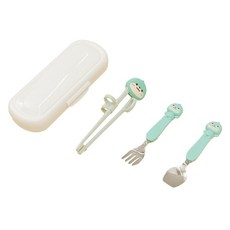 Edison 兒童客製化餐具四件組 恐龍款, 1組, 學習筷子+湯匙+叉子+餐具盒, 薄荷綠