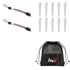 NAYASTYLE 高爾夫球桿頭清潔器 2入 + 塑膠高爾夫長球釘 10入 + 收納袋套組 GFYP-10-7+185-1pU, 混色(桿頭清潔器, 收納袋), 單色(高爾夫球釘), 1套