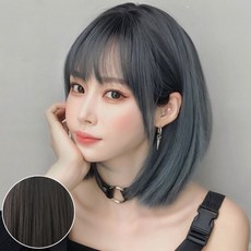 HiYuni 齊瀏海長鮑伯頭全頂假髮 36cm + 髮網 + 假髮支架組合, 炭黑色(假髮), 隨機出貨(支架), 1個