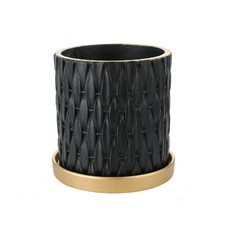Ttabongoppa 藤編麻花造型室內裝飾花盆 + 花盆託盤組 JNH1012_1, 黑色(花盆), 金色(花盆托盤), 1個
