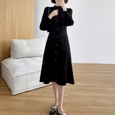 泡泡袖針織連身裙, 黑色