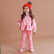 GOINGKIDS 女童款格紋泡泡袖長袖衣褲套裝